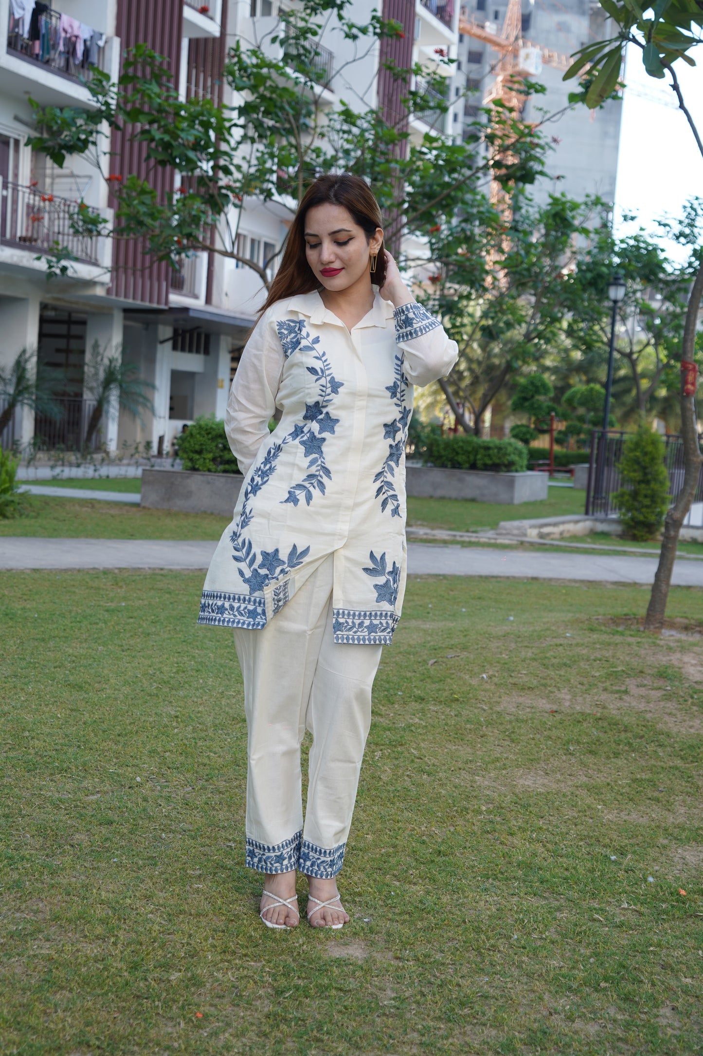 Modern white with grey cord set highlighted with aari work