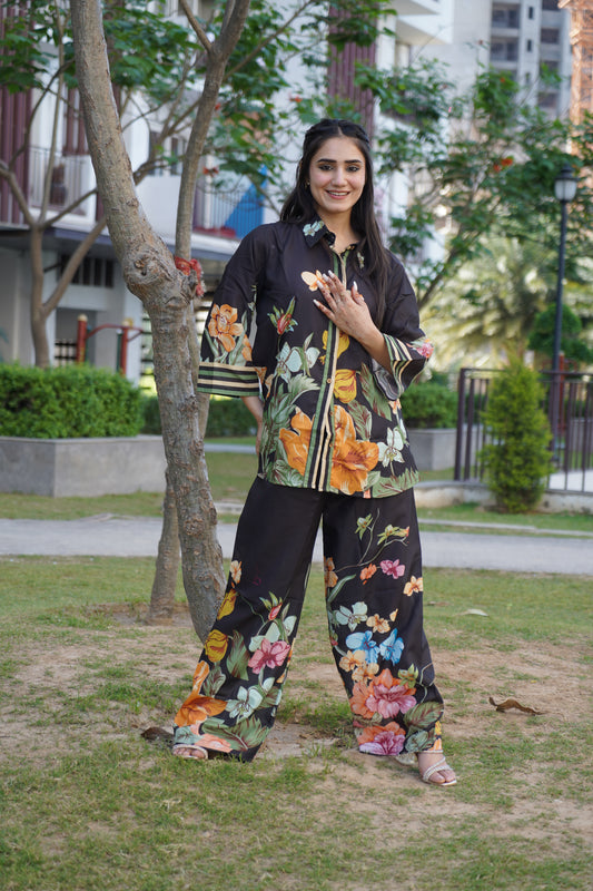 Modern black muslin co-ord outfit with digital artwork