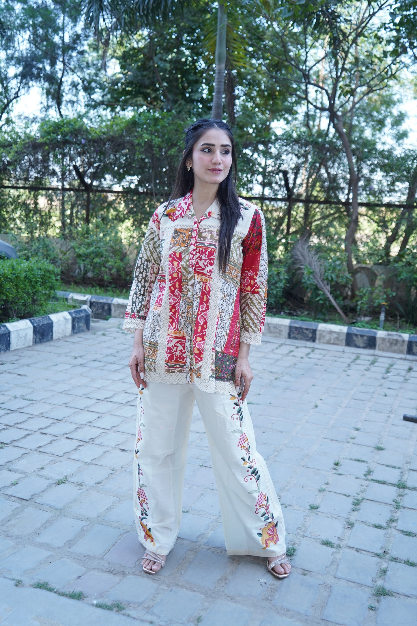 Modern pure cotton kurta with multi ethnic prints trouser.