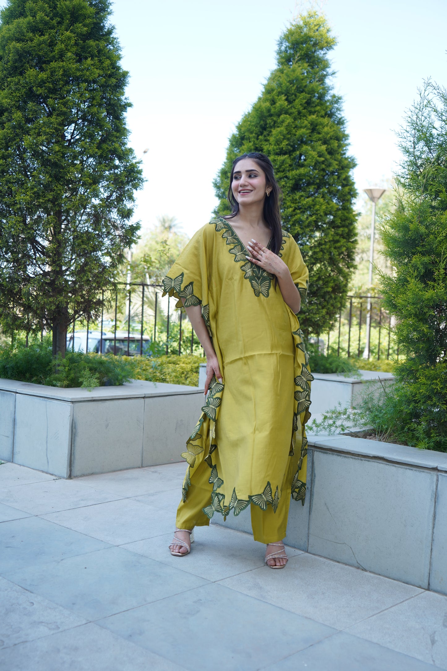 Modern satin kaftan style coord outfit with lace patchwork.