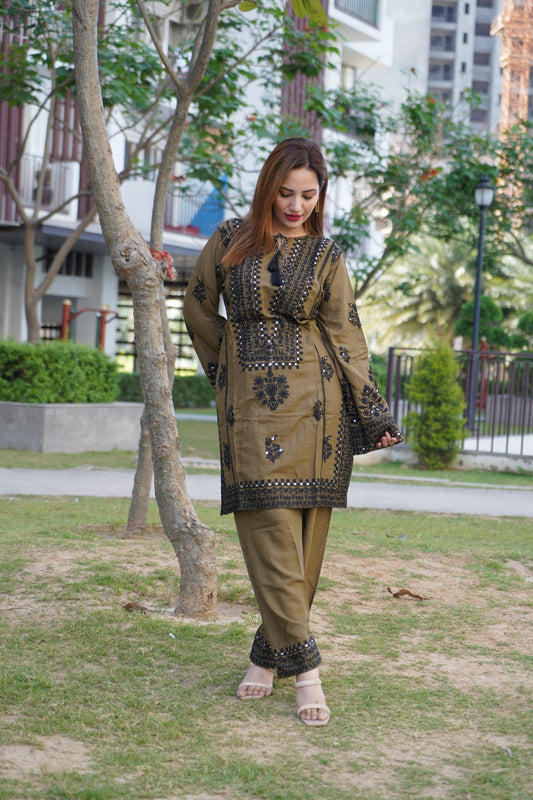 Stylish olive green co-ord set with a modern touch.