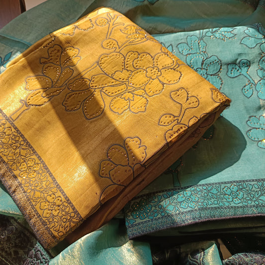 Front view of the Parsi Serosky work suit showcasing intricate embroidery and shimmering detailing