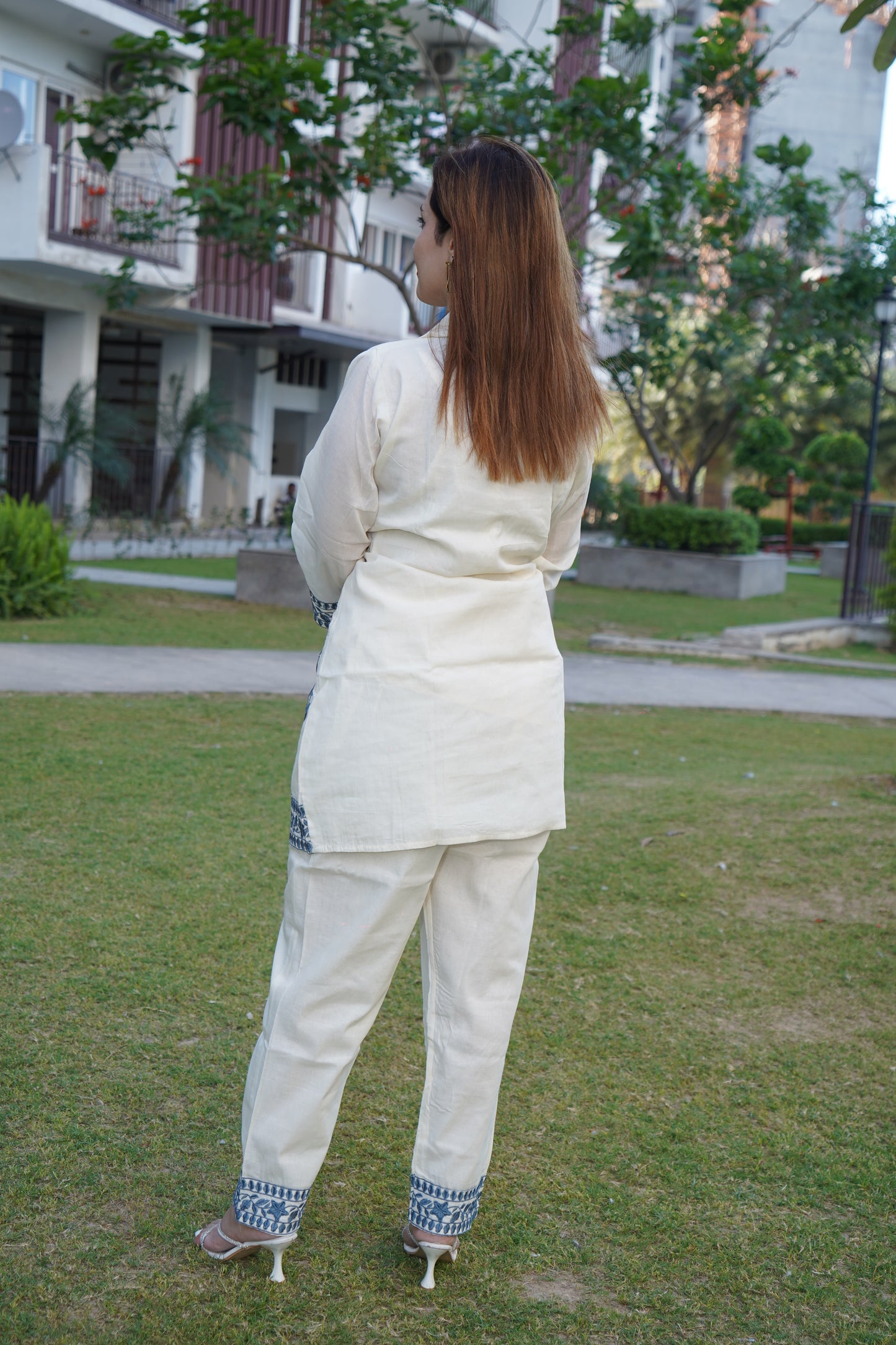 Premium white with grey cord set adorned with aari design