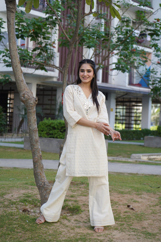 Premium Noor Chanderi kurta set in off-white with silver stripes