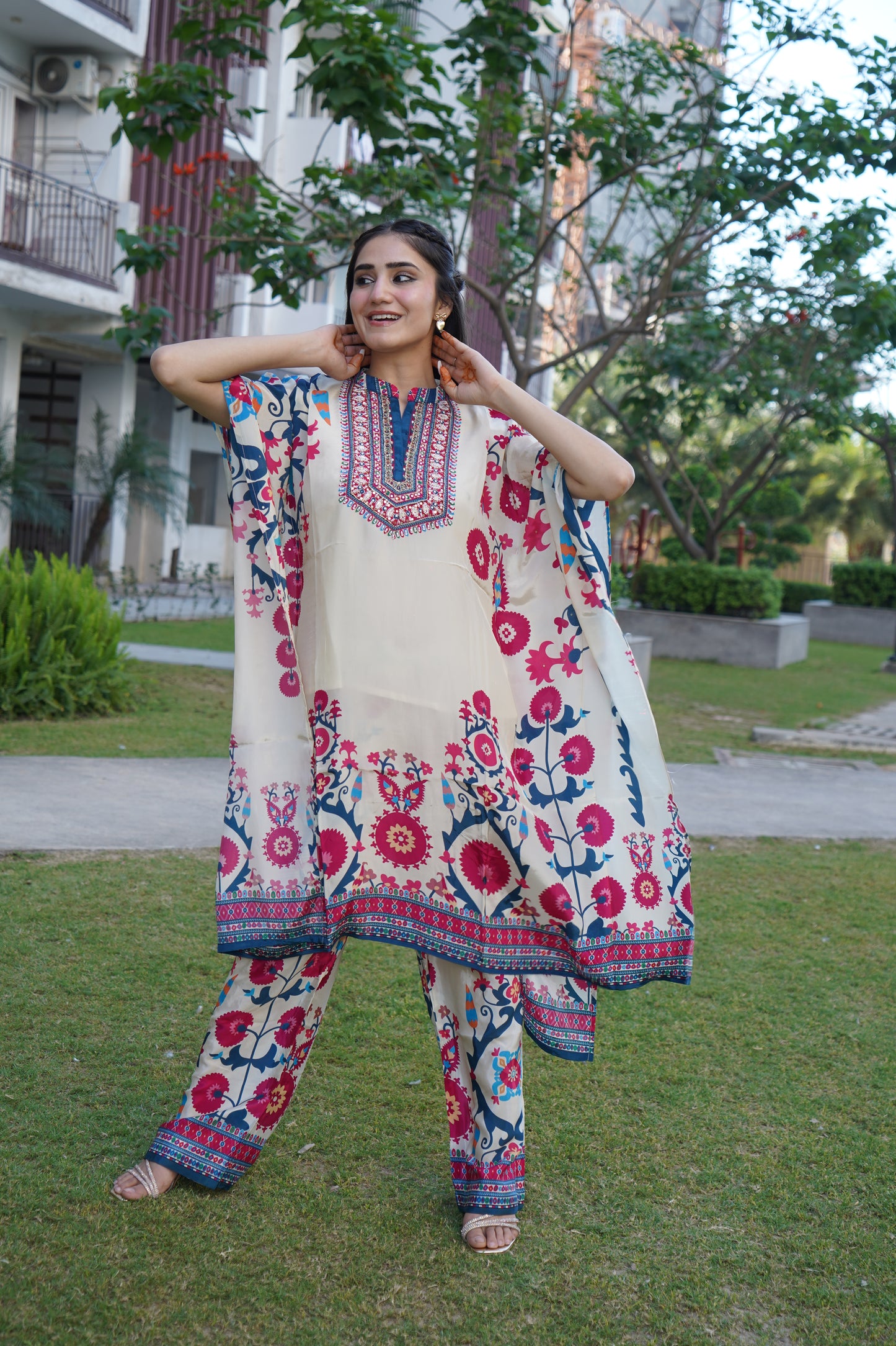 Premium white coord set with intricate floral embroidery
