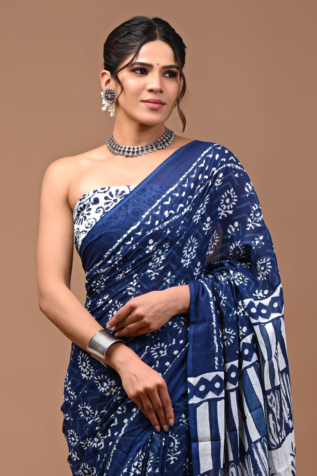 Traditional Pure Cotton Saree featuring ethnic motifs in block print
