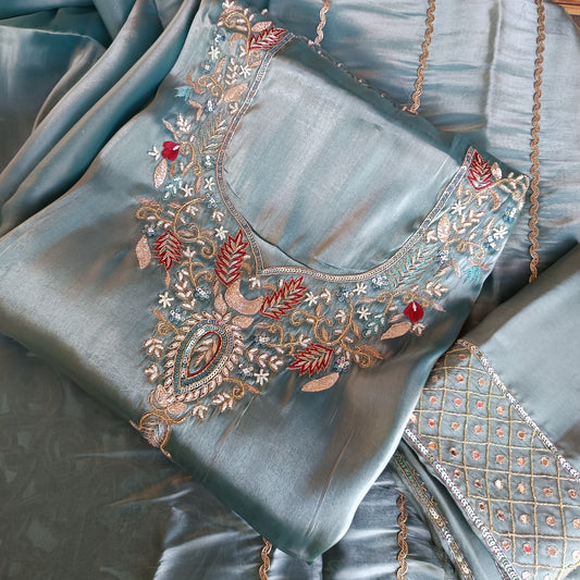 Close-up shot highlighting the fine embroidery on the Pure Organza Silk fabric