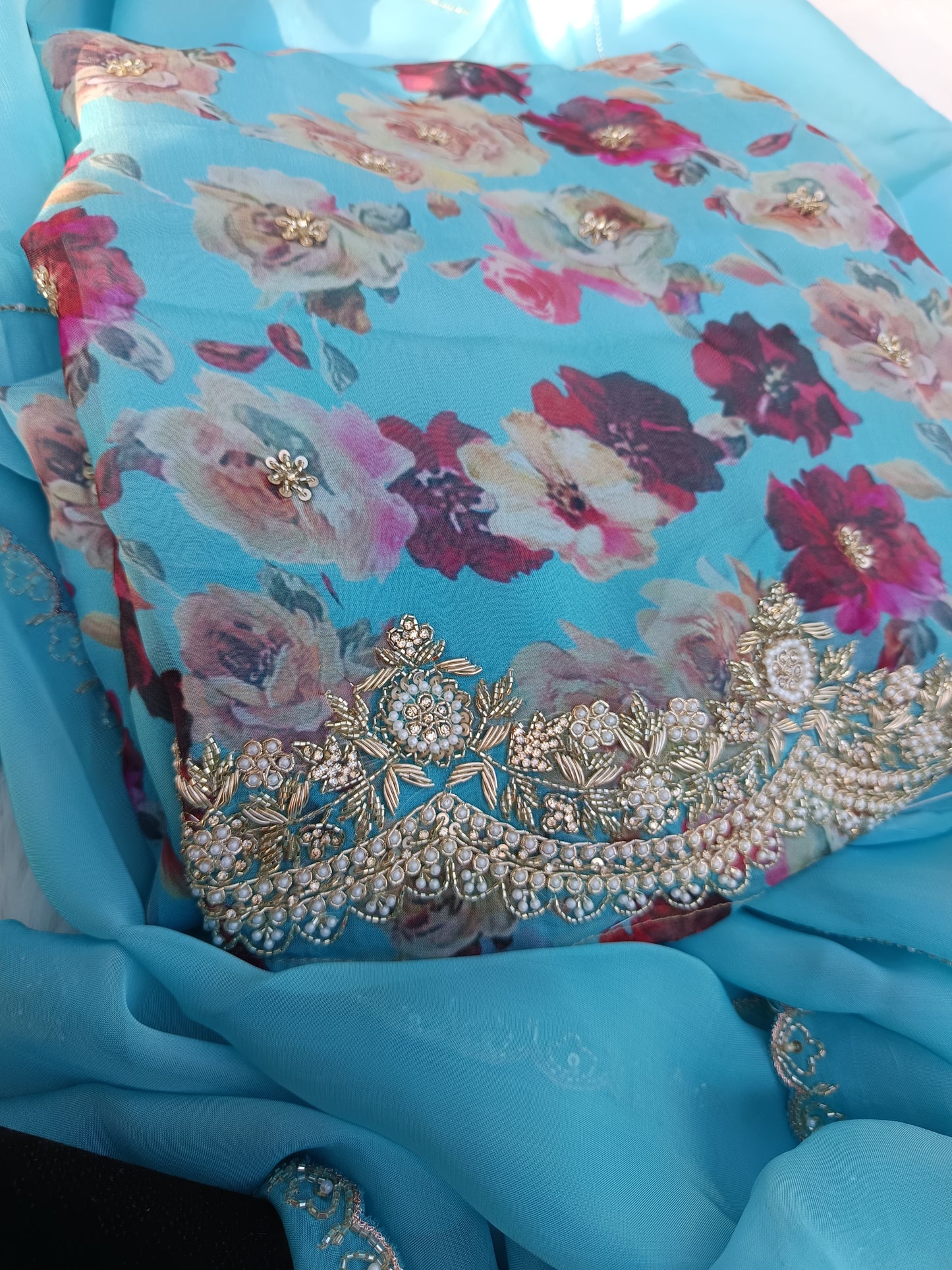 Full set of the Pure Silk Suit arranged neatly with kurta, dupatta, and bottom fabric.