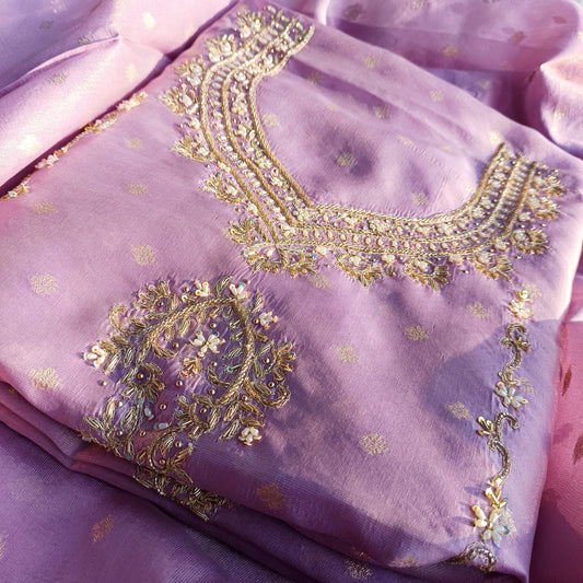 Pure tissue silk handwork suit displayed with front detailing and elegant finish.