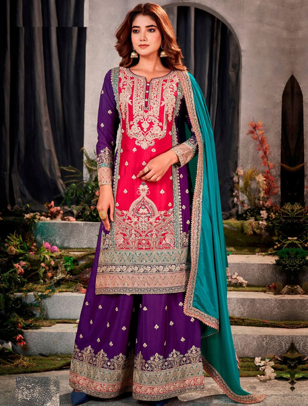 Red and Purple Chinon Semi-Stitched Palazzo Suit - A stylish ethnic outfit featuring rich chinon fabric with vibrant red and purple hues, paired with a flowy palazzo design.
