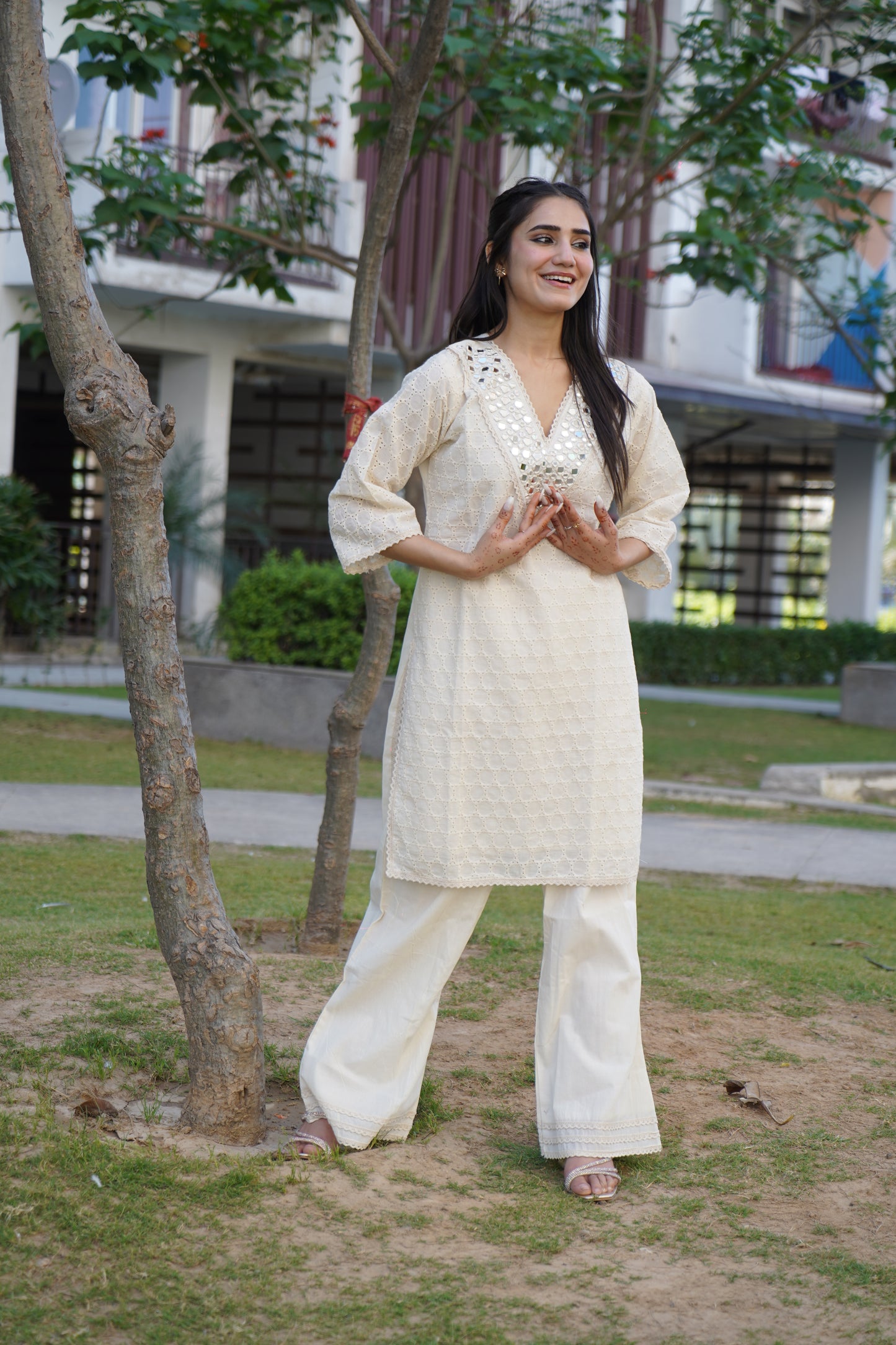 Stylish off-white silver striped Chanderi kurta set for festive wear