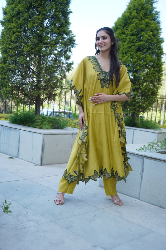 Stylish satin kaftan coord set with delicate lace details.