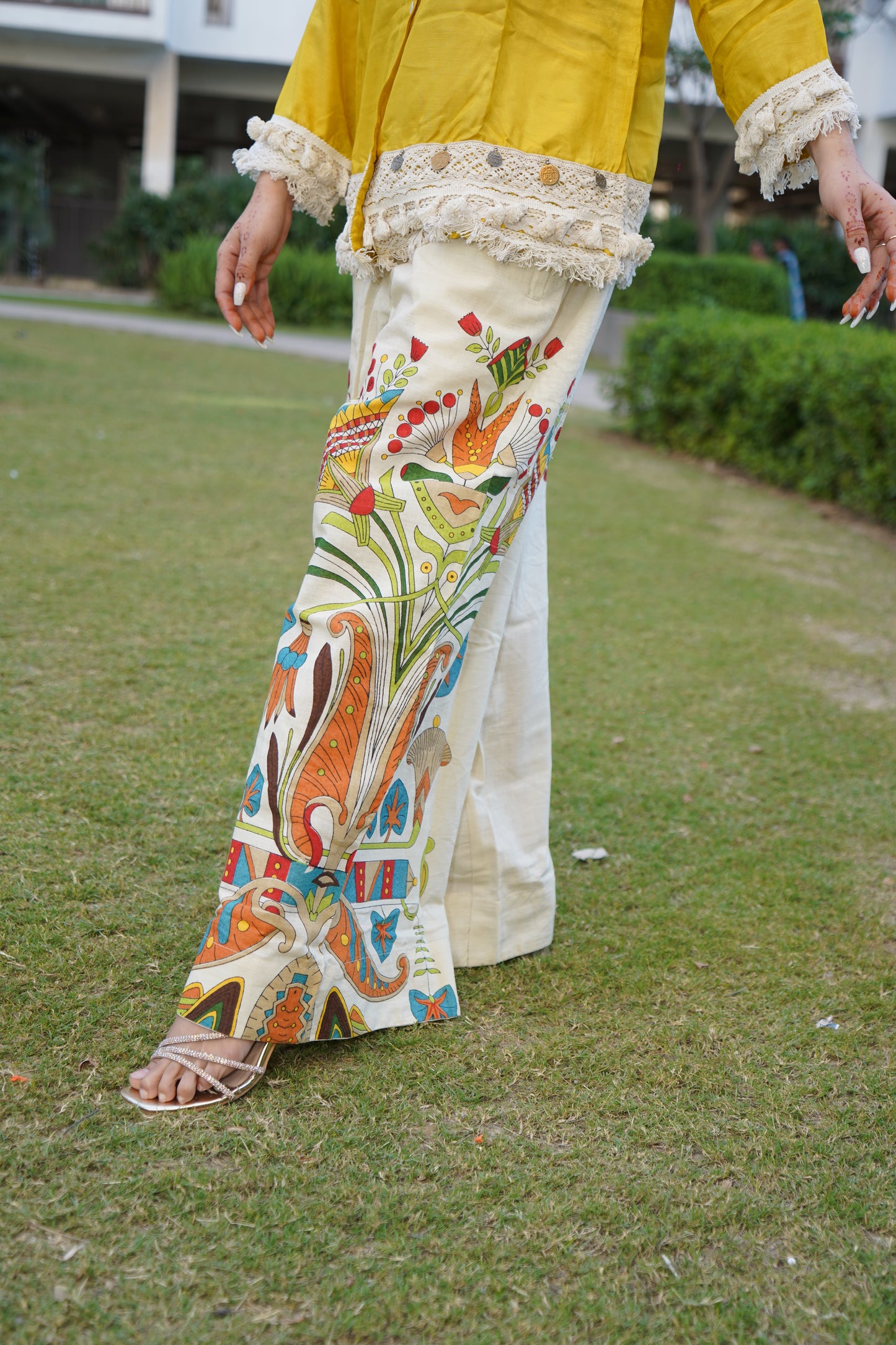 Stylish yellow fringe co-ord ensemble with a bold design