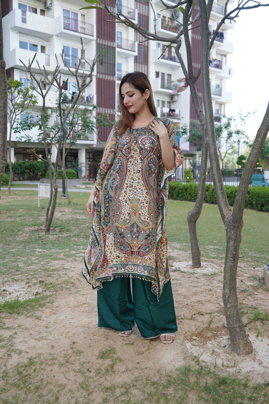 Trendy kaftan kurta featuring vibrant ethnic motif prints