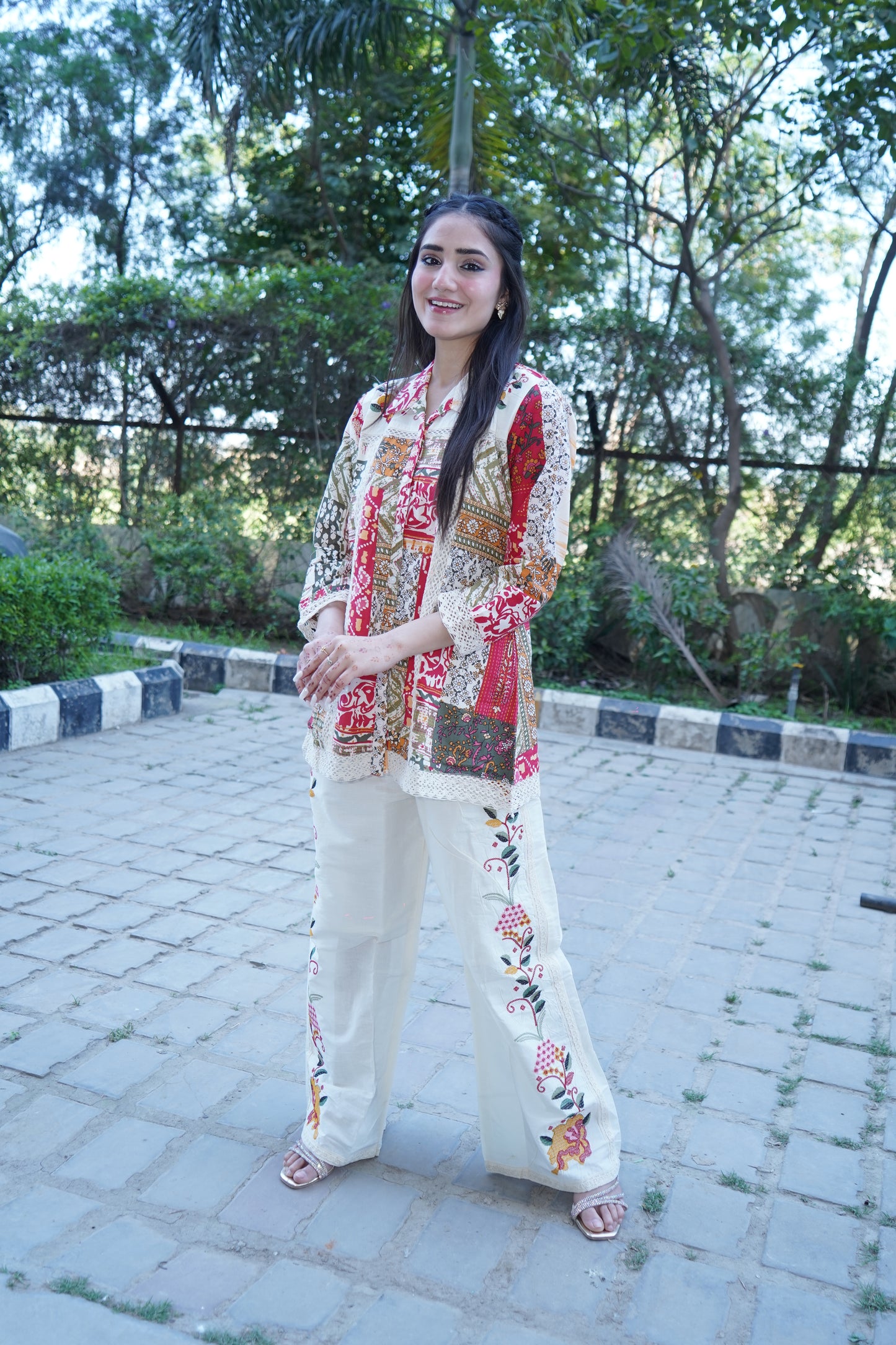 Trendy ethnic motifs printed cotton kurta with trouser.