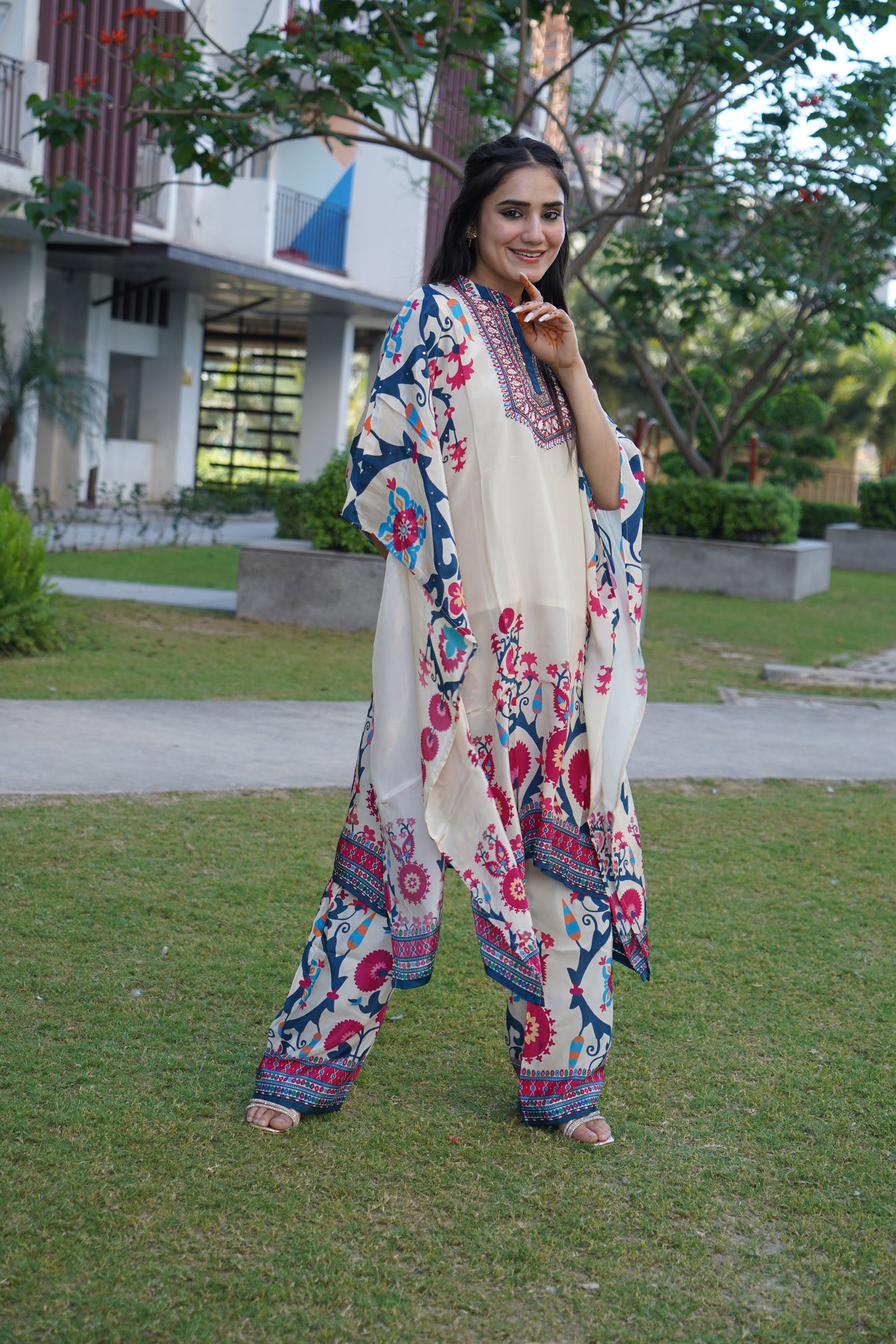 Trendy white straight coord set with soft floral embroidery