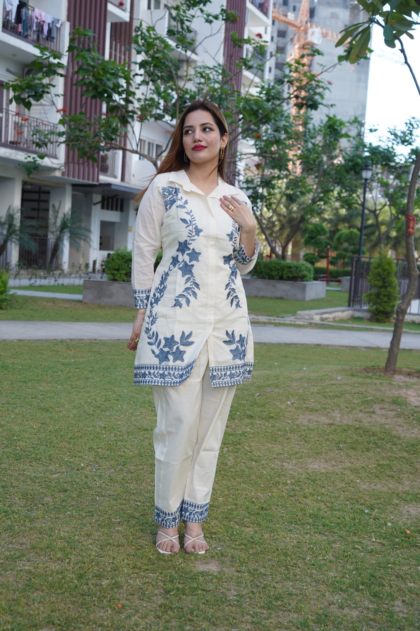 Trendy white and grey cord set with delicate aari embroidery