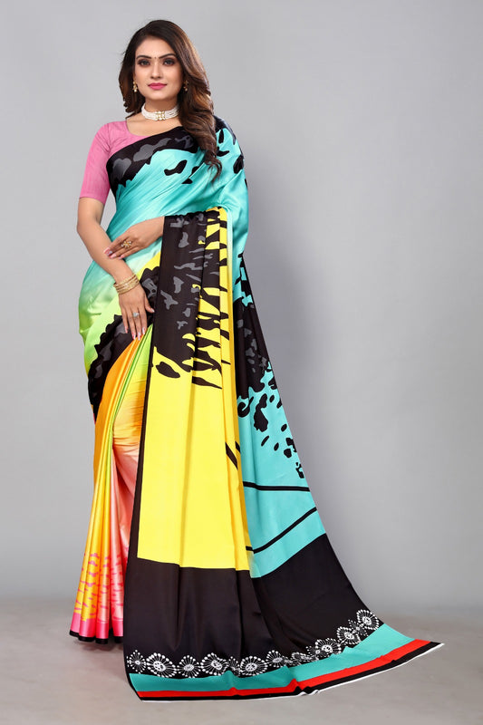 Colorful digital print saree in satin fabric