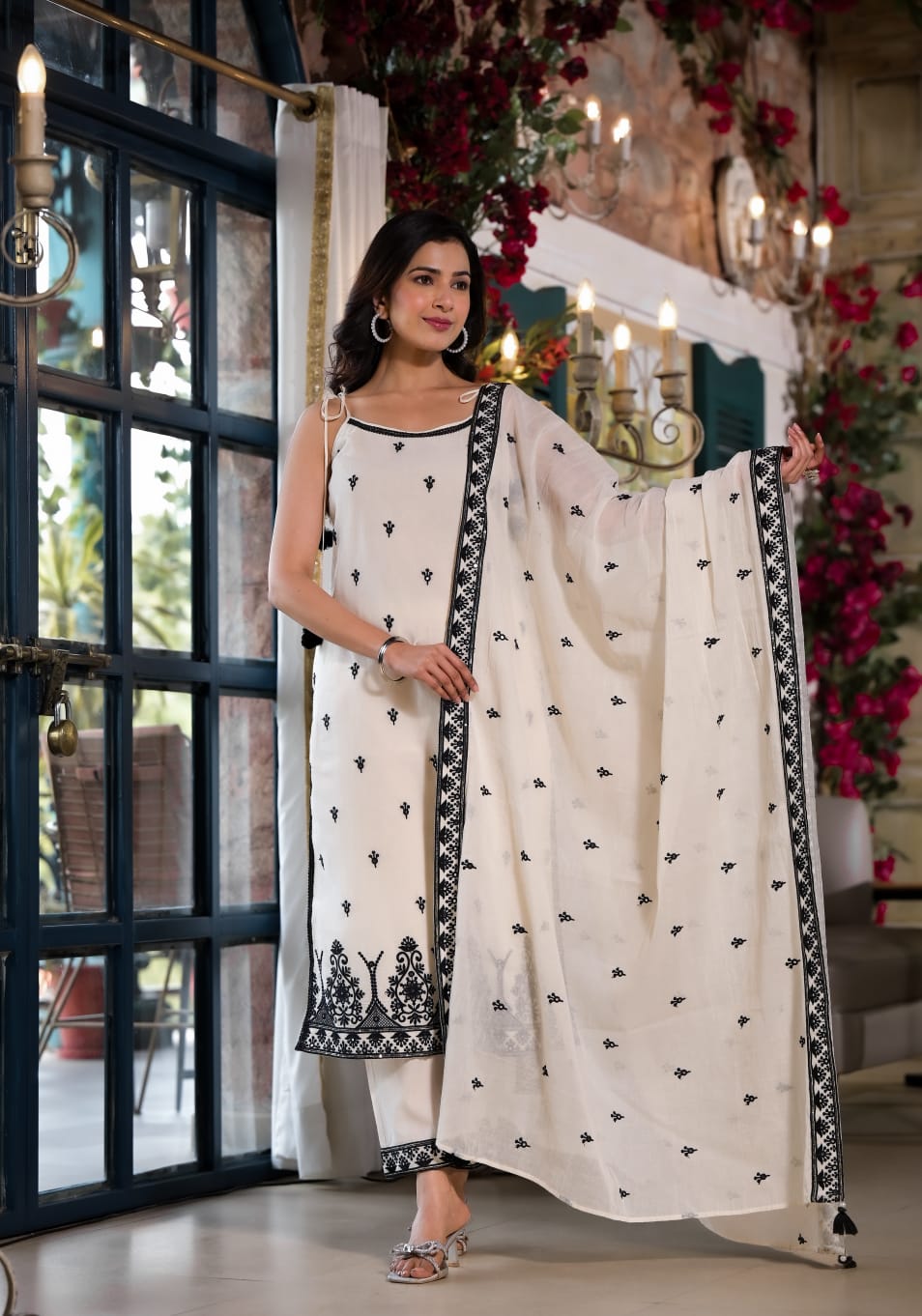 Embroidered Spaghetti-Strap Lucknowi Cotton Suit Set