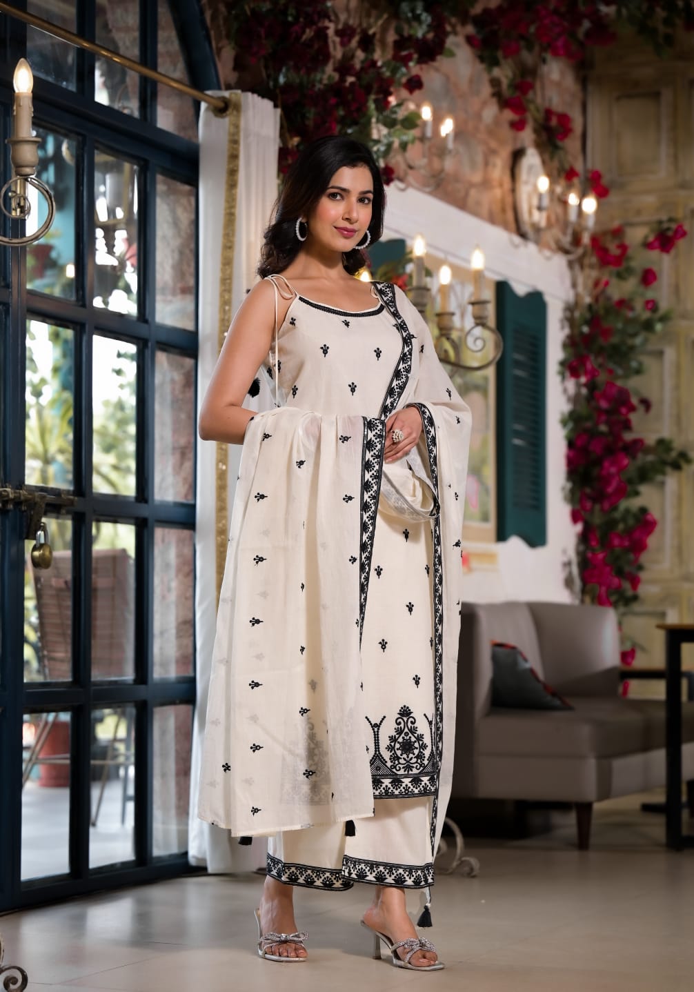 Embroidered Spaghetti-Strap Lucknowi Cotton Suit Set