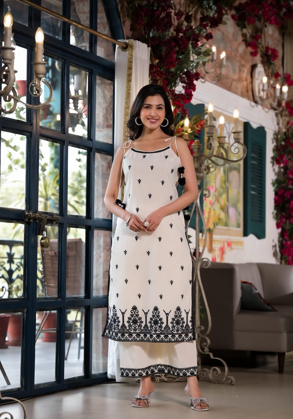 Embroidered Spaghetti-Strap Lucknowi Cotton Suit Set