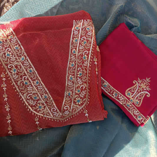 Model showcasing the Gorgeous Pure Tissue Silk Suit in a graceful pose.