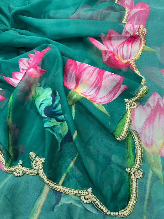 Red Ruby Green Organza Silk Saree with elegant sheen