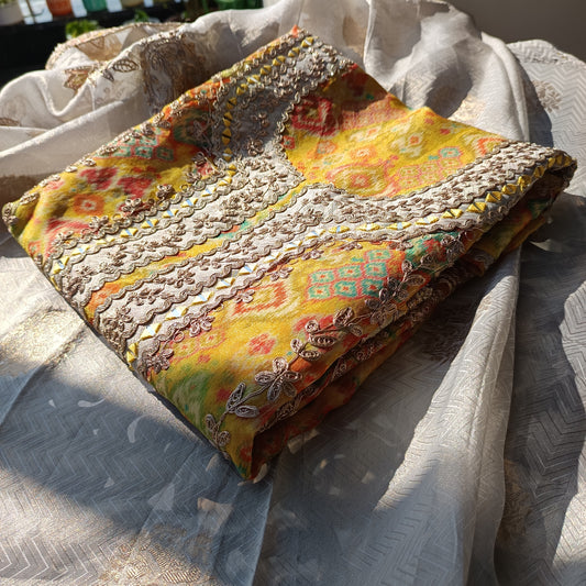 Printed Organza Unstitched Salwar Suit, elegant design for festive wear.