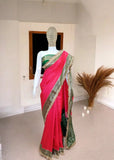 Rani Pink and Green Silk Saree with traditional weaving design