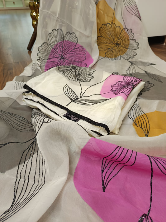 Model gracefully wearing the Gorgeous Soft White Pure Organza Suit, perfect for special occasions.