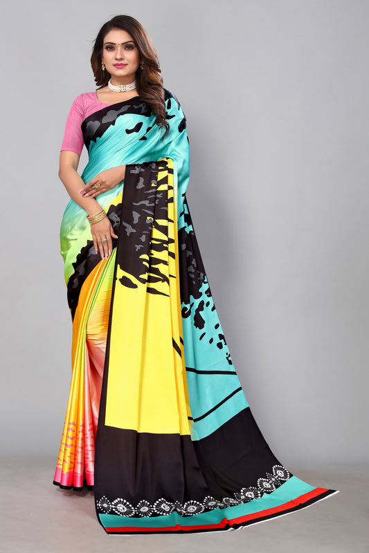 Multicolor soft satin saree with modern print