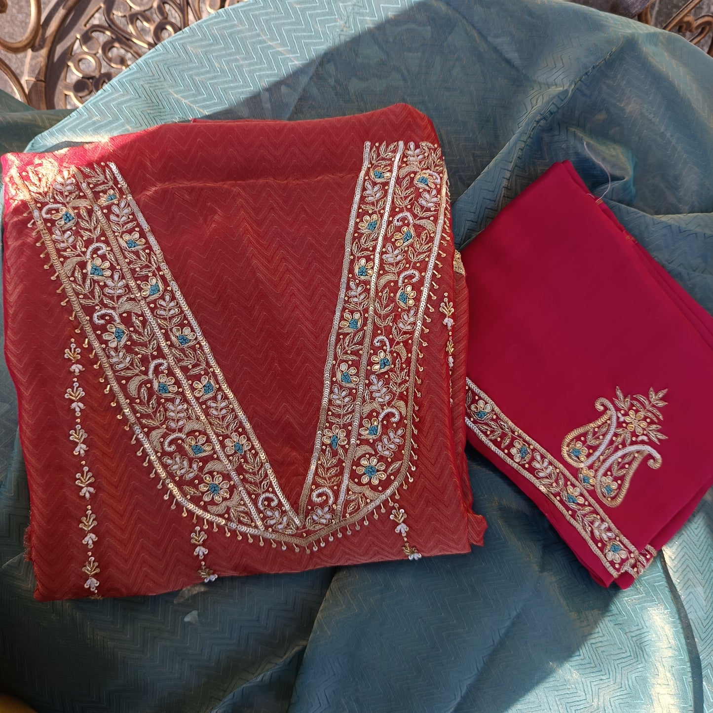 Complete look of the Gorgeous Pure Tissue Silk Suit, perfect for special occasions.