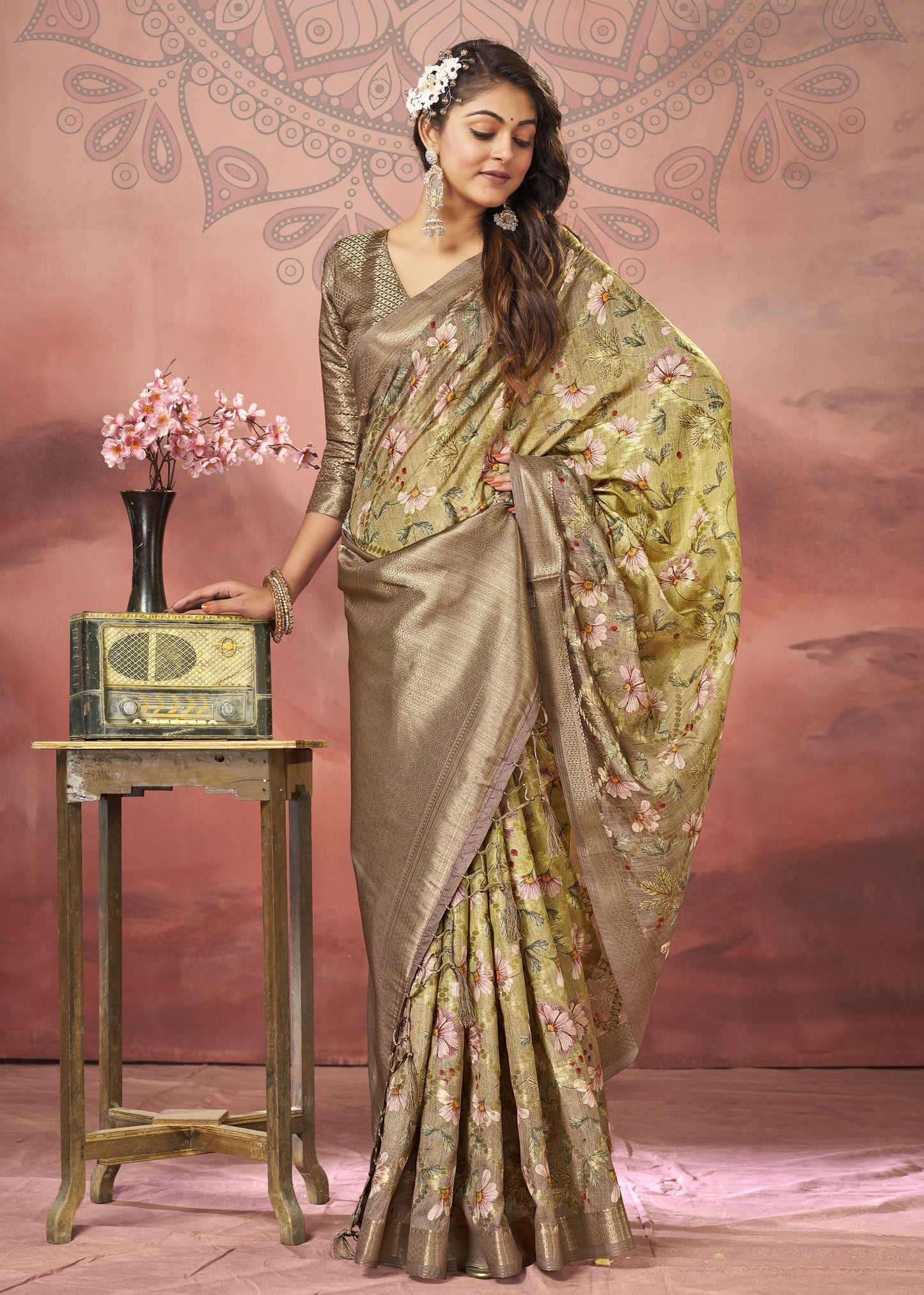 Floral Printed Zari Silk Saree