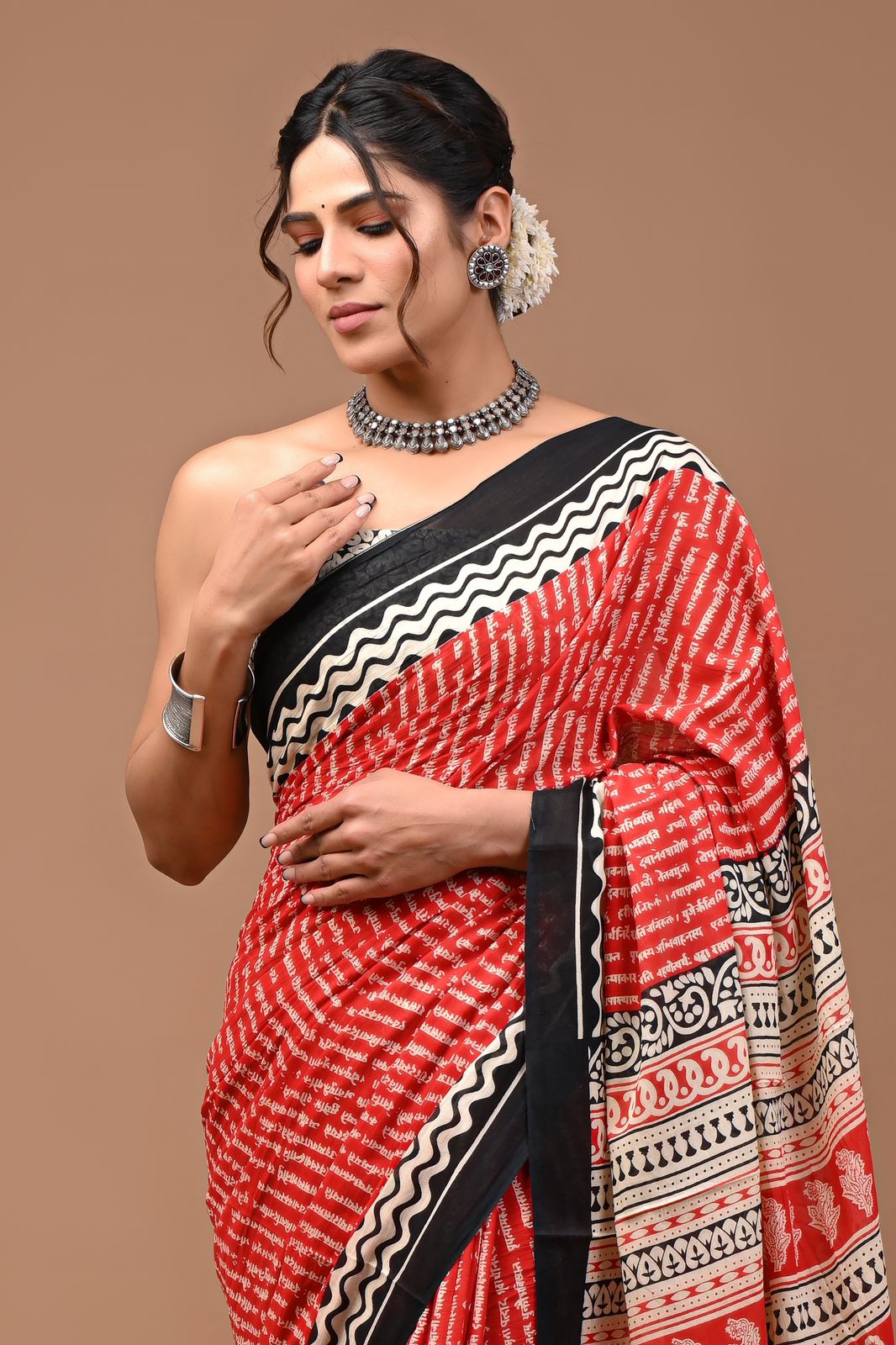 Pure Mul cotton Hand print saree with Blouse