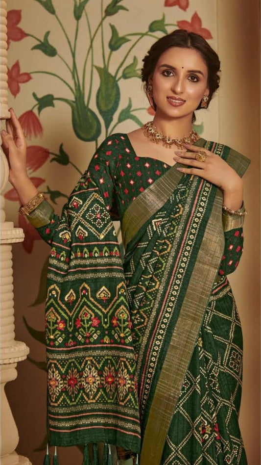 Ethnic Motifs Printed Zari Art Silk Ikat Saree