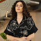Black Printed Shirt Collar Casual Knee Length Half Sleeves Women Flared Ethnic Dresses