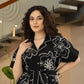 Black Printed Shirt Collar Casual Knee Length Half Sleeves Women Flared Ethnic Dresses