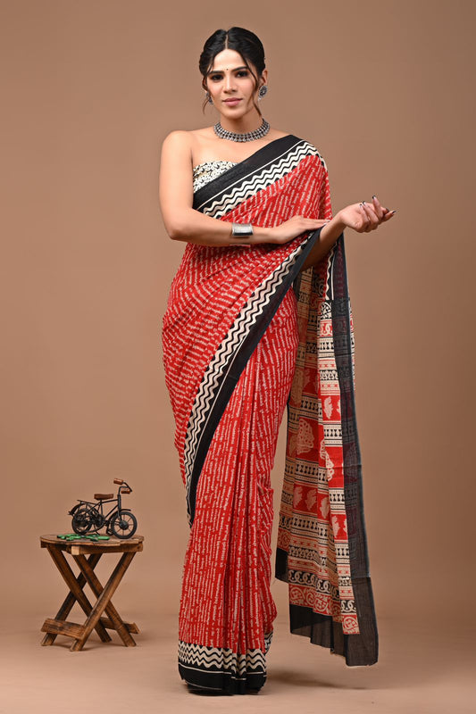 Pure Mul cotton Hand print saree with Blouse