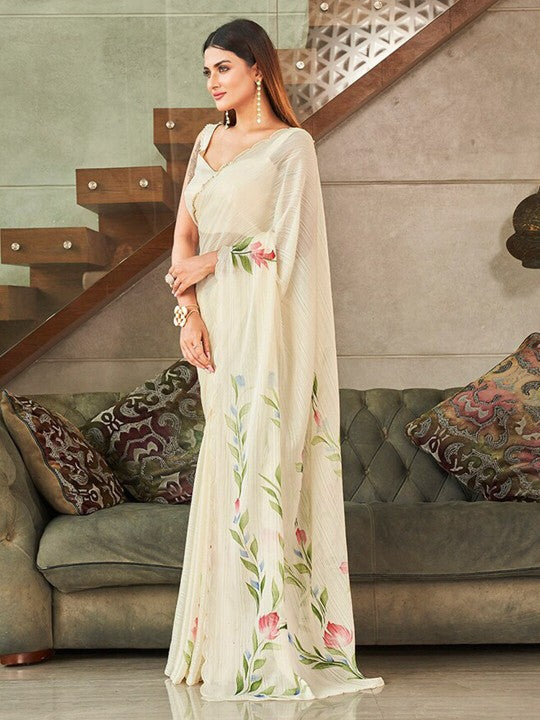 Women Chiffon White Printed Saree