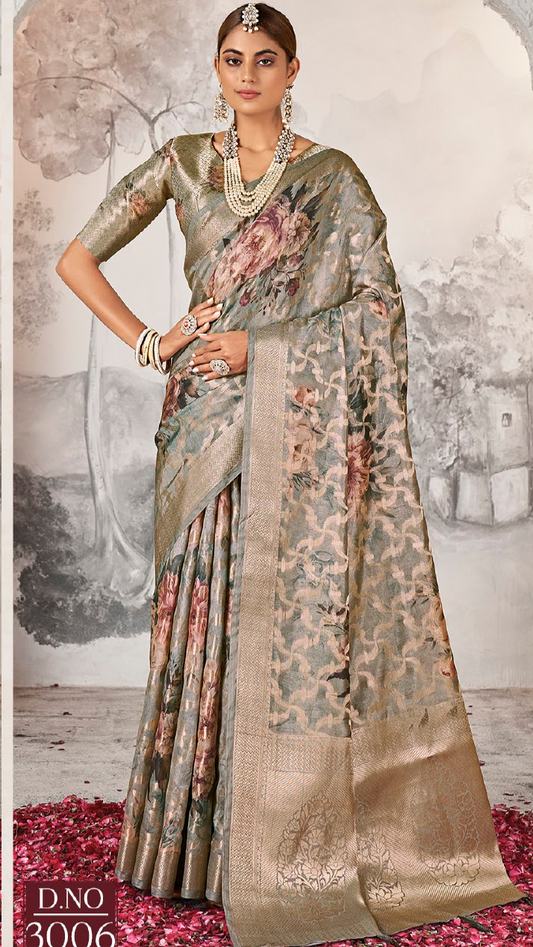 Grey-Coloured Silk Blend Banarasi Sarees