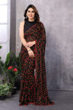 Black And Red Georgette Printed Saree With Unstitched Blouse