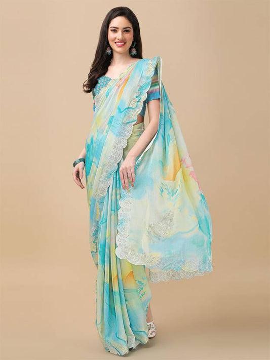 Elegant abstract print saree with a scalloped border, offering a contemporary and stylish look. Perfect for special occasions, designed by RedRuby Fashion.