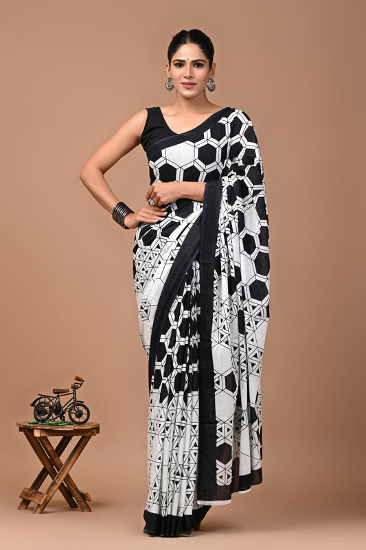 Elegant Bagru printed white cotton saree, offering traditional charm and comfort, perfect for any occasion, designed by RedRuby Fashion.