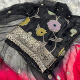 Elevate your ethnic charm with this elegant black Banarasi georgette suit, featuring rich weaving and luxurious drape.