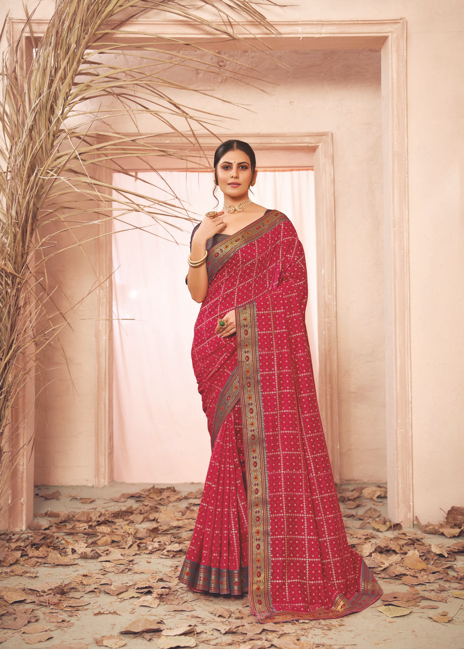 Elegant Bandhani print on silk blend, designed for festive moments, by RedRuby Fashion.