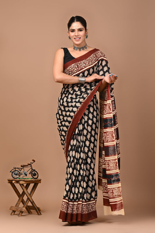 Beautiful Black Red Pure Hand Block Printed Saree design