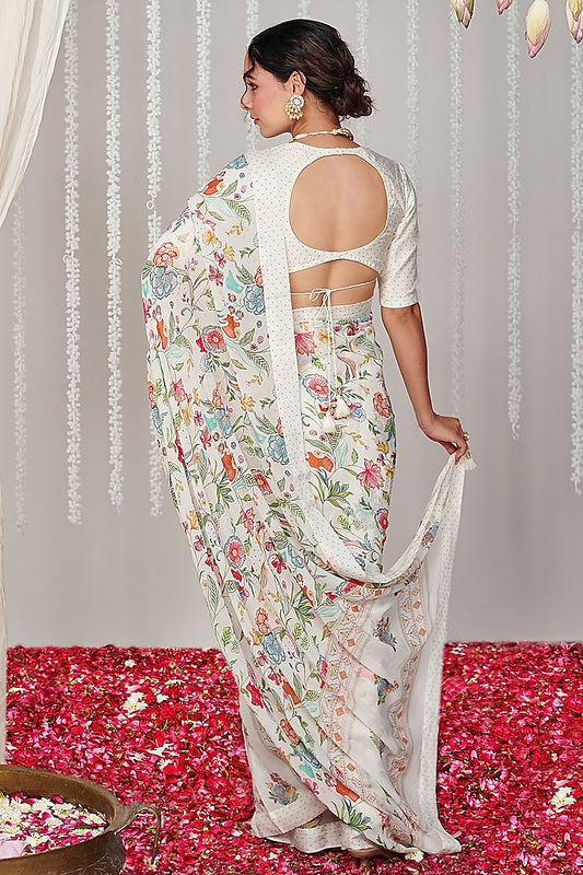 Charming Blooming Threads White Georgette Digital Printed Saree