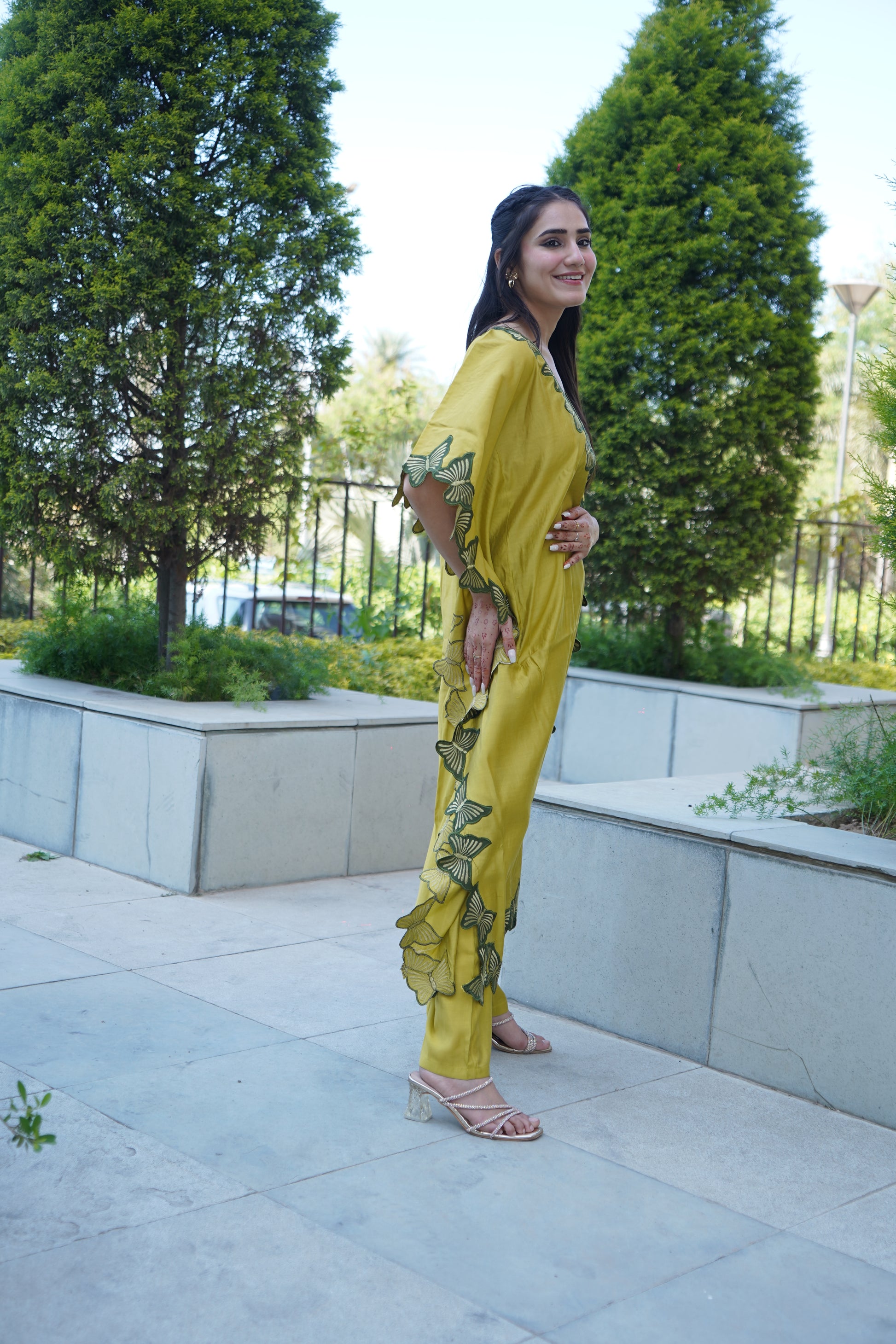 Classic satin kaftan coord set with lace embellishment.