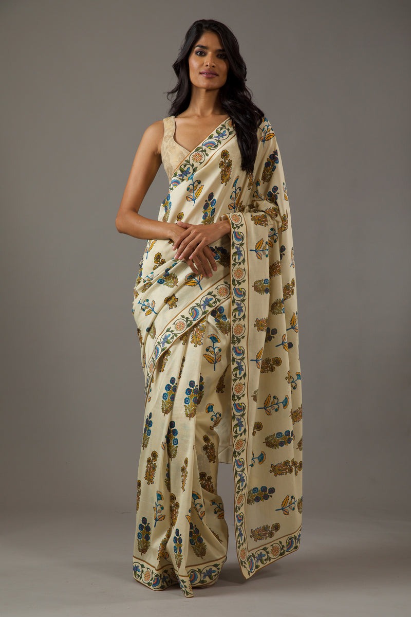 Elegant Cream Floral Printed Chiffon Saree