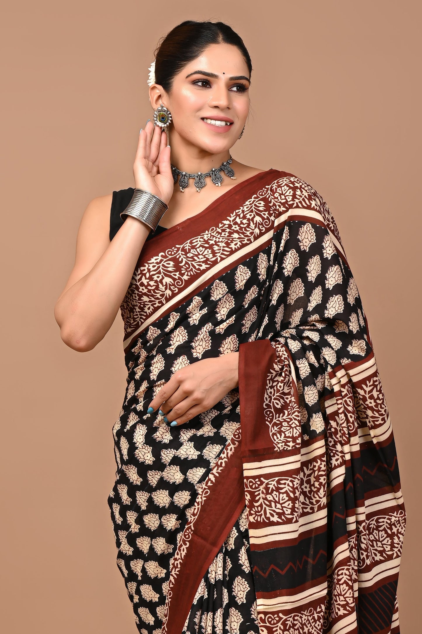 Black Red Pure HandBlock Printed Saree